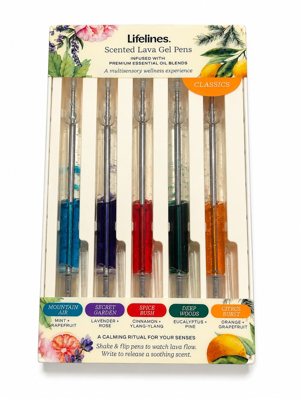 Lifelines Scented Lava Gel Pens Classics Set of 5 Essential Oil Blends new